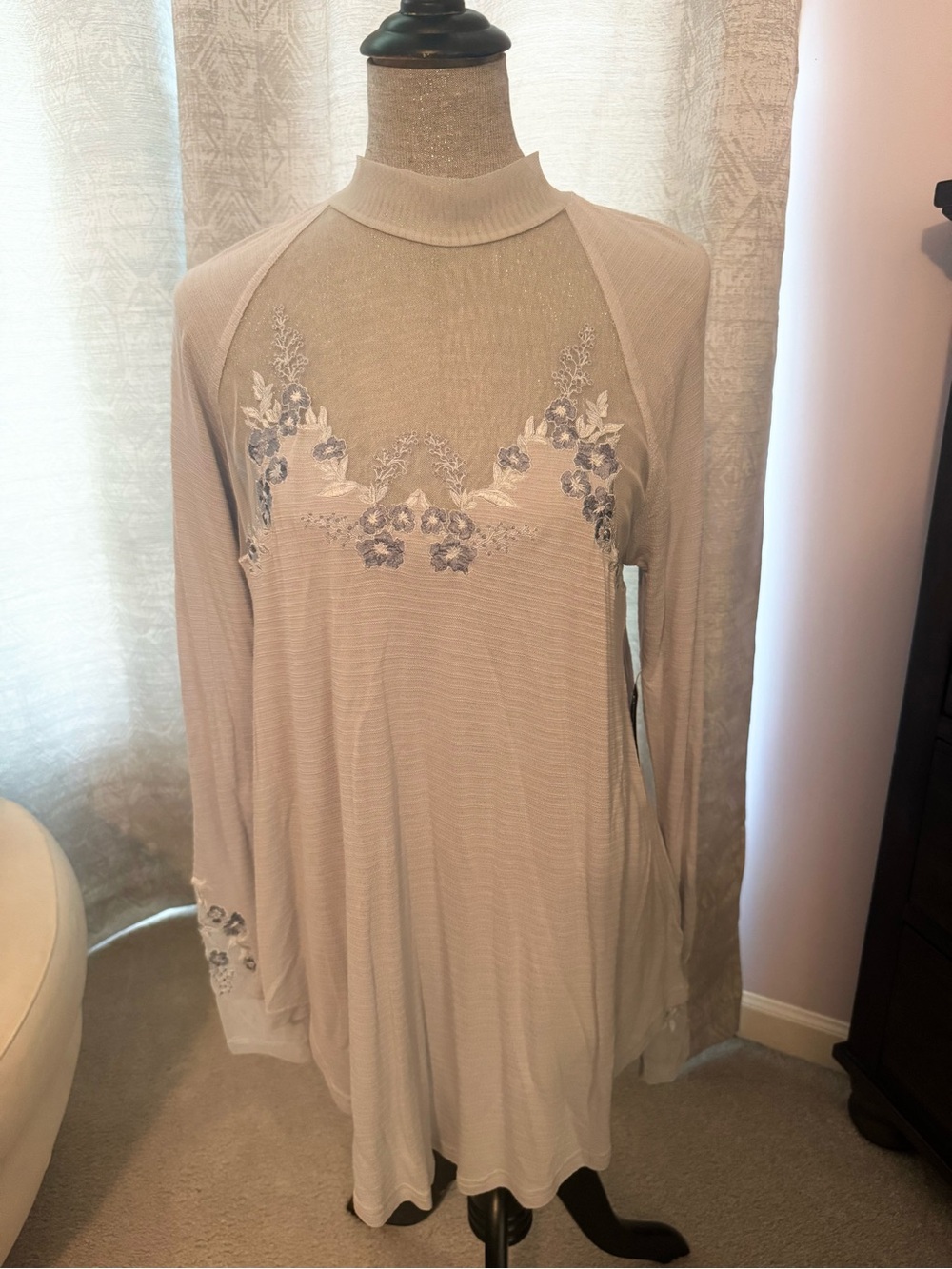 Free People Light Blue Mock Neck Long Sleeve Top with Floral Embroidery